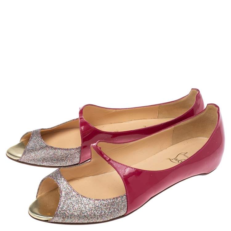 Pre Owned Christian Louboutin Red/Silver Glitter And Patent Leather  Open Toe Ballet Flats Size 39