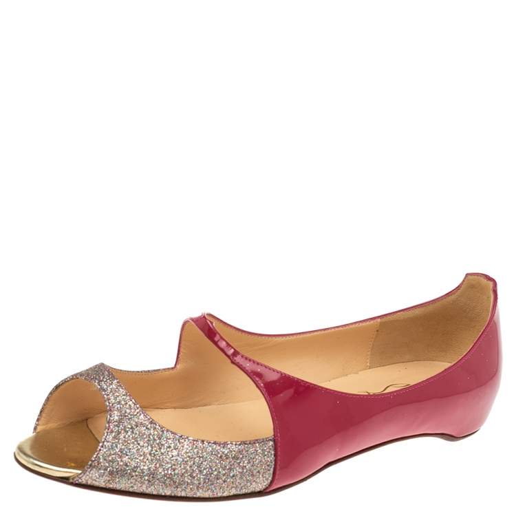 Pre Owned Christian Louboutin Red/Silver Glitter And Patent Leather  Open Toe Ballet Flats Size 39