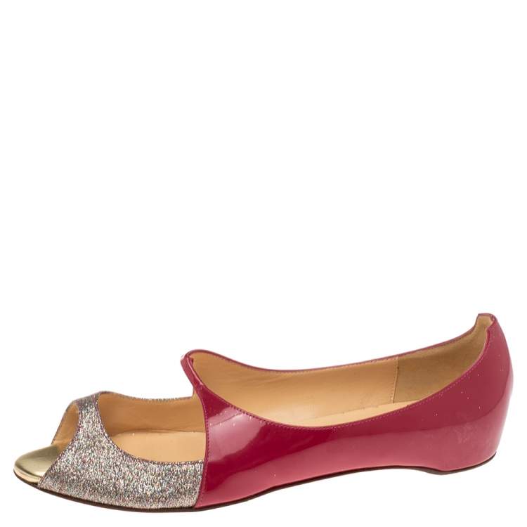 Pre Owned Christian Louboutin Red/Silver Glitter And Patent Leather  Open Toe Ballet Flats Size 39