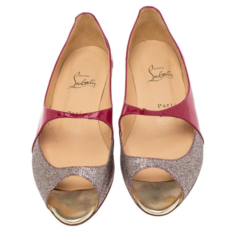 Pre Owned Christian Louboutin Red/Silver Glitter And Patent Leather  Open Toe Ballet Flats Size 39