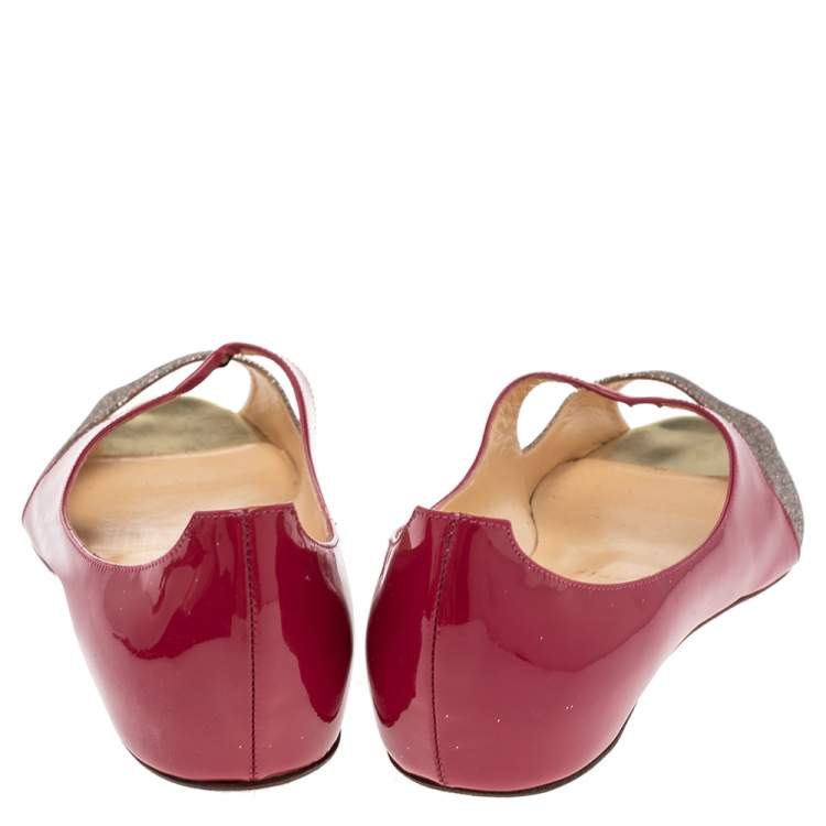 Pre Owned Christian Louboutin Red/Silver Glitter And Patent Leather  Open Toe Ballet Flats Size 39