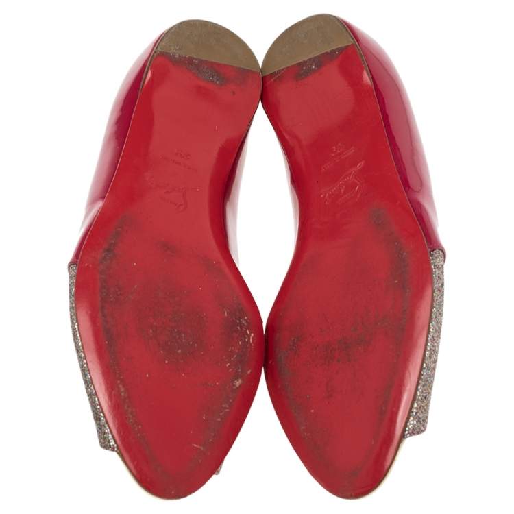 Pre Owned Christian Louboutin Red/Silver Glitter And Patent Leather  Open Toe Ballet Flats Size 39