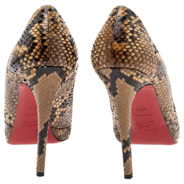 Pre Owned Christian Louboutin Cream/Brown Python Leather New Simple Platform Pumps Size 39.5