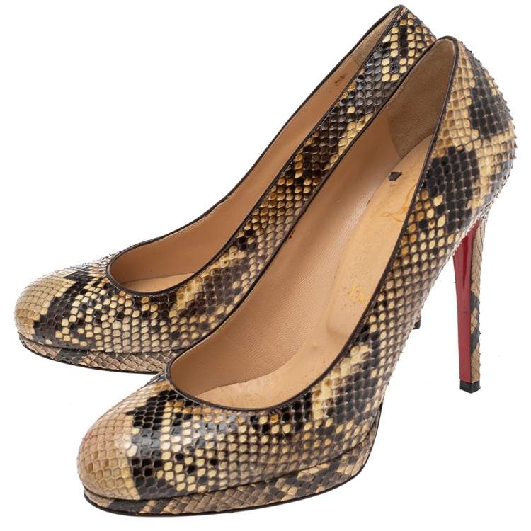 Pre Owned Christian Louboutin Cream/Brown Python Leather New Simple Platform Pumps Size 39.5