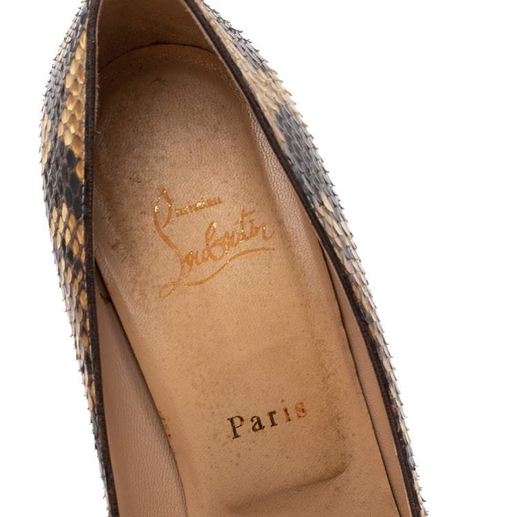 Pre Owned Christian Louboutin Cream/Brown Python Leather New Simple Platform Pumps Size 39.5