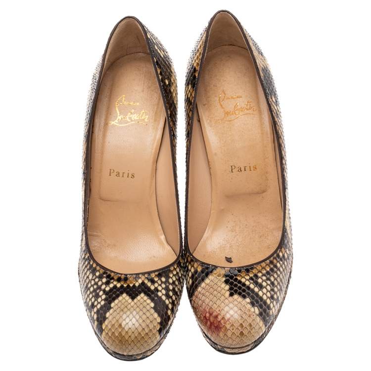 Pre Owned Christian Louboutin Cream/Brown Python Leather New Simple Platform Pumps Size 39.5