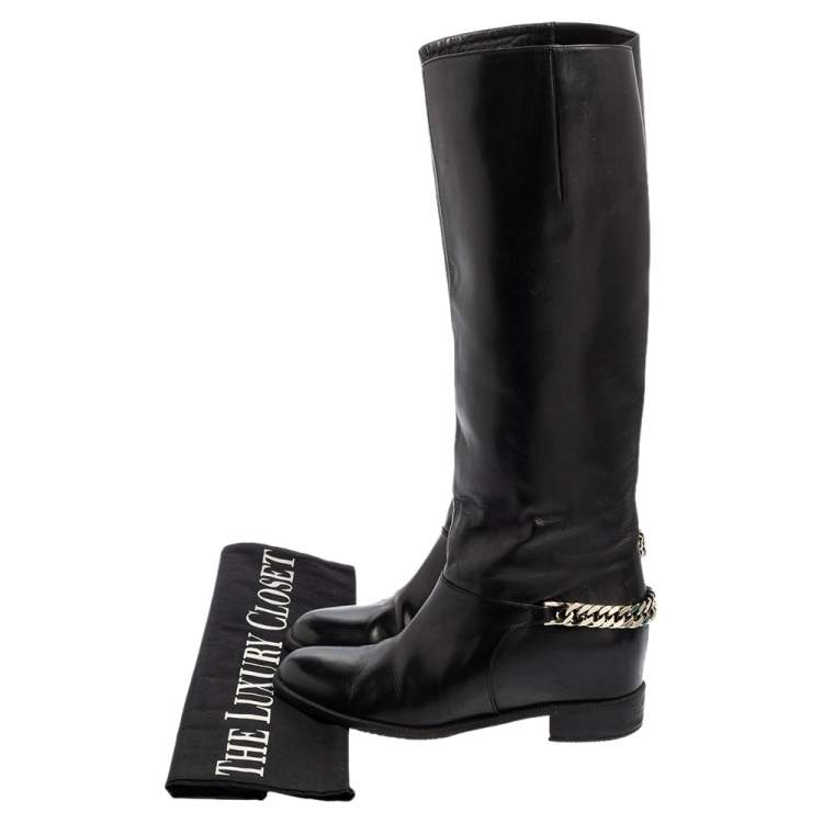 Pre Owned Christian Louboutin Black Leather Cate Chain-Trimmed Calf-Length Boots Size 37