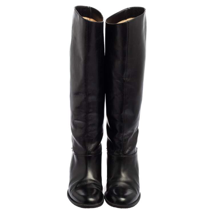 Pre Owned Christian Louboutin Black Leather Cate Chain-Trimmed Calf-Length Boots Size 37