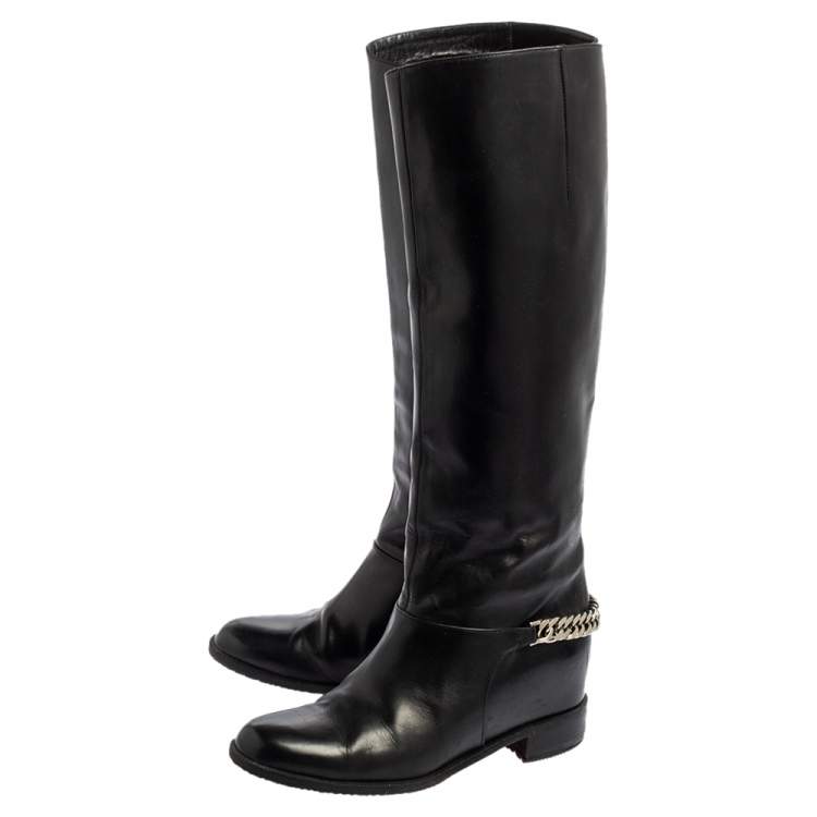 Pre Owned Christian Louboutin Black Leather Cate Chain-Trimmed Calf-Length Boots Size 37