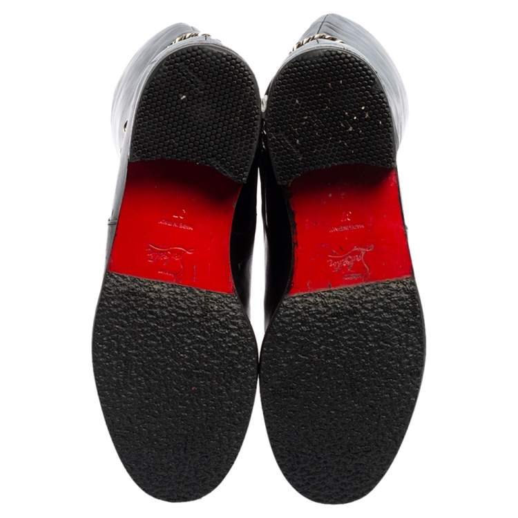 Pre Owned Christian Louboutin Black Leather Cate Chain-Trimmed Calf-Length Boots Size 37