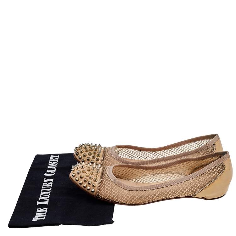 Pre Owned Christian Louboutin Beige Patent Leather and Mesh Spike Ballet Flats Size 40.5