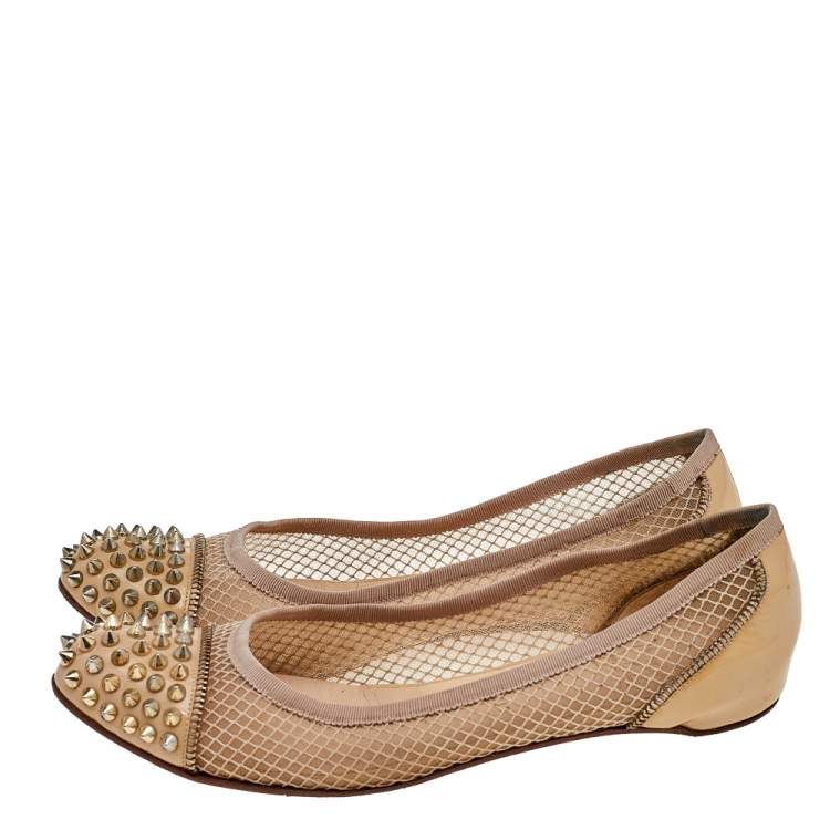 Pre Owned Christian Louboutin Beige Patent Leather and Mesh Spike Ballet Flats Size 40.5