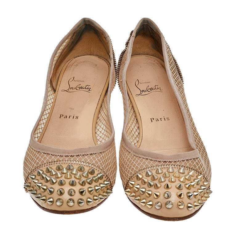 Pre Owned Christian Louboutin Beige Patent Leather and Mesh Spike Ballet Flats Size 40.5