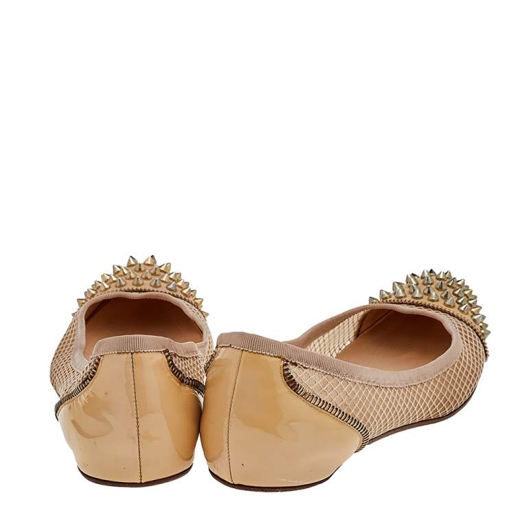 Pre Owned Christian Louboutin Beige Patent Leather and Mesh Spike Ballet Flats Size 40.5