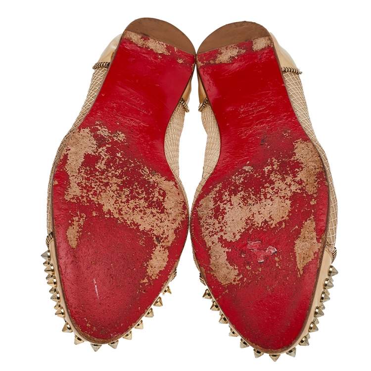 Pre Owned Christian Louboutin Beige Patent Leather and Mesh Spike Ballet Flats Size 40.5
