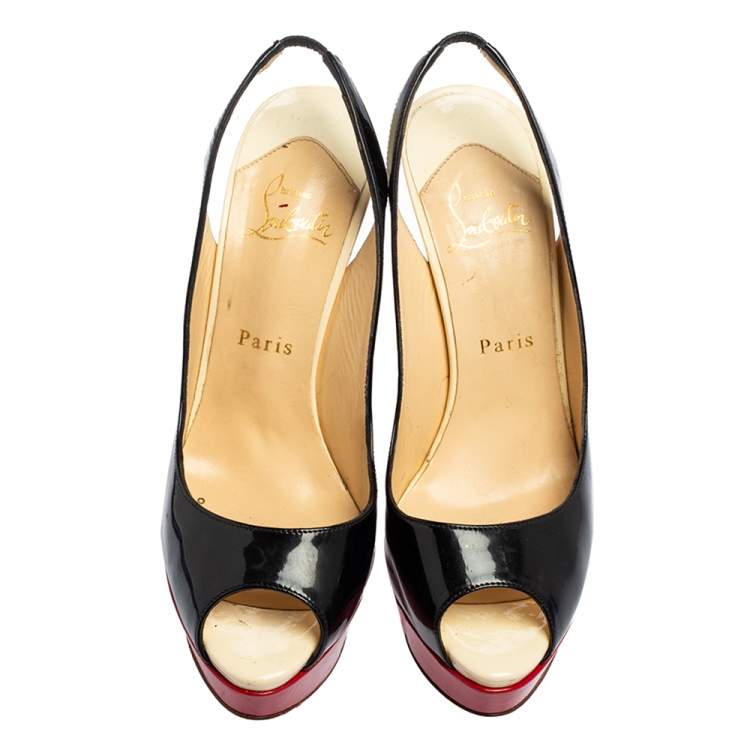 Pre Owned Christian Louboutin Black/Red Patent Leather Slingback Lady Peep Toe Sandals Size 38.5