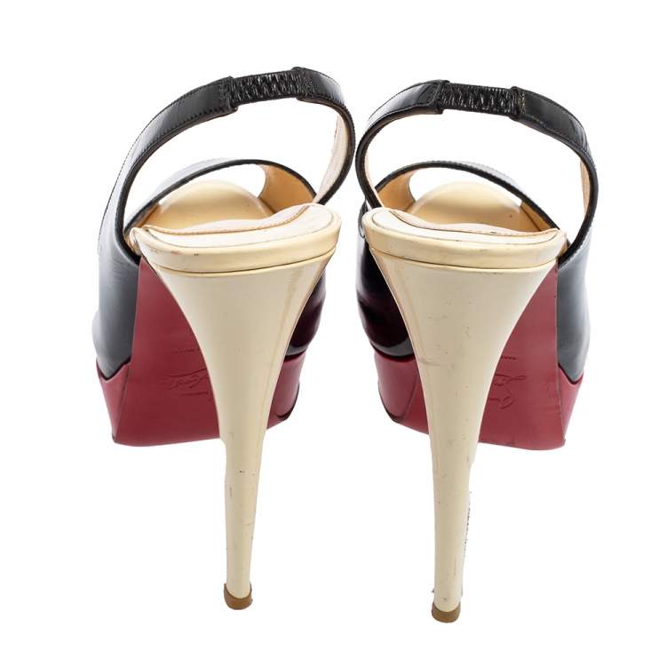 Pre Owned Christian Louboutin Black/Red Patent Leather Slingback Lady Peep Toe Sandals Size 38.5