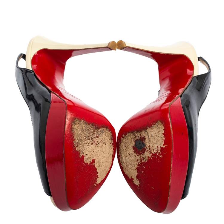 Pre Owned Christian Louboutin Black/Red Patent Leather Slingback Lady Peep Toe Sandals Size 38.5