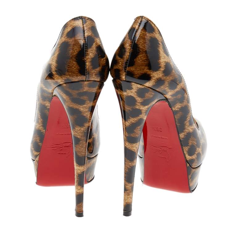 Pre Owned Christian Louboutin Brown Leopard Print Patent Leather Lady Peep Toe Platform Pumps Size 36.5