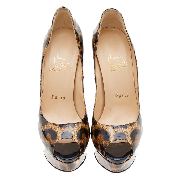Pre Owned Christian Louboutin Brown Leopard Print Patent Leather Lady Peep Toe Platform Pumps Size 36.5