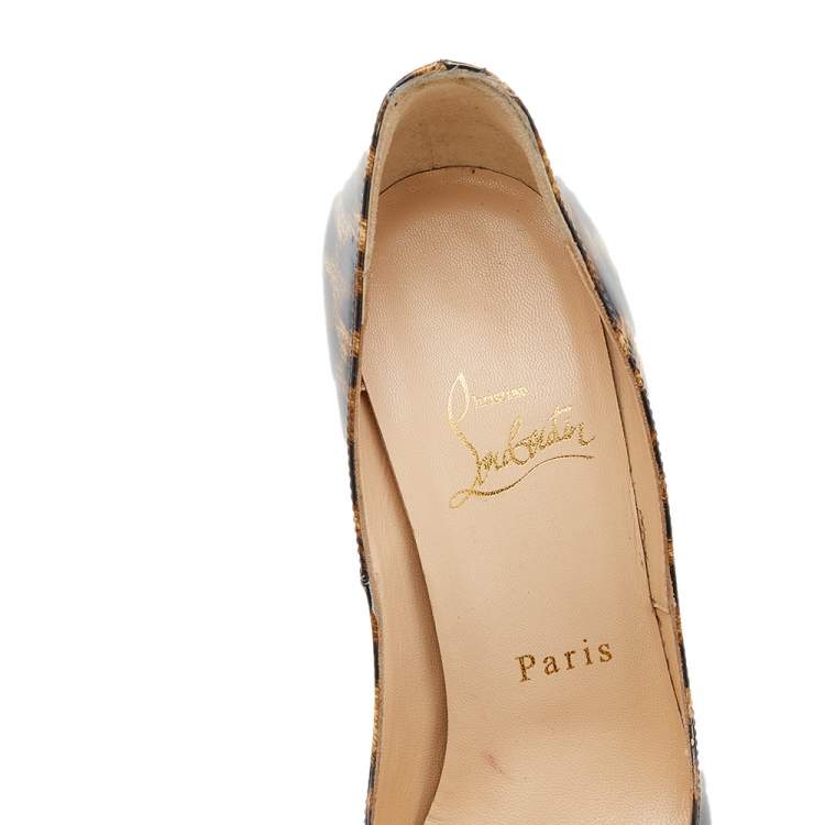 Pre Owned Christian Louboutin Brown Leopard Print Patent Leather Lady Peep Toe Platform Pumps Size 36.5