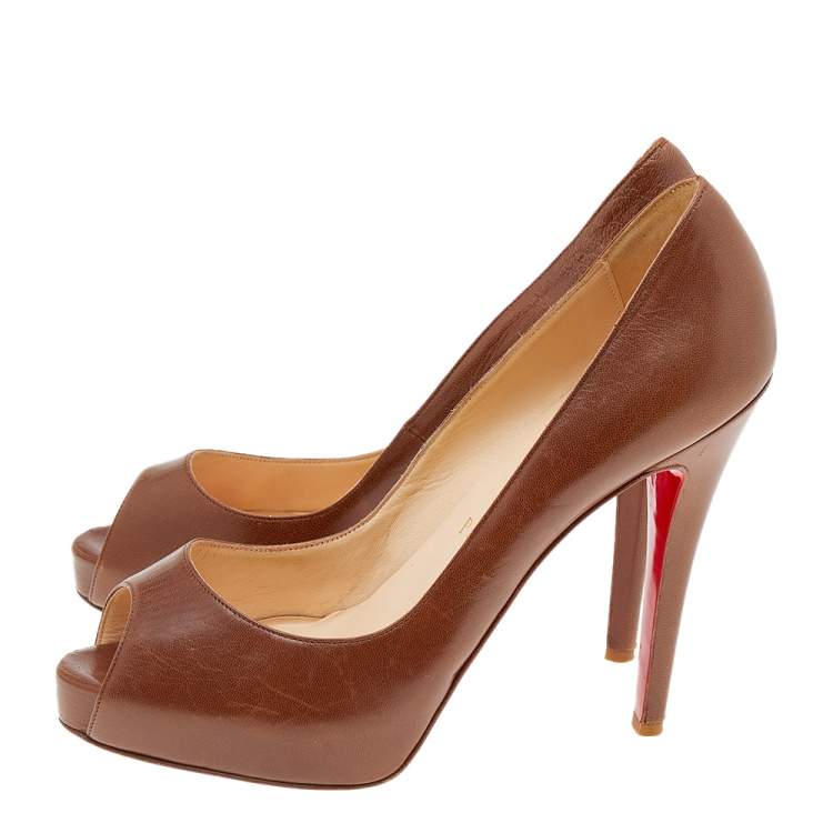 Pre Owned Christian Louboutin Brown Leather Lady Peep Toe Platform Pumps Size 37.5
