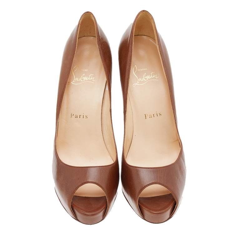 Pre Owned Christian Louboutin Brown Leather Lady Peep Toe Platform Pumps Size 37.5