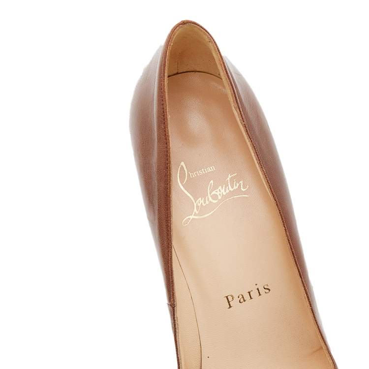 Pre Owned Christian Louboutin Brown Leather Lady Peep Toe Platform Pumps Size 37.5
