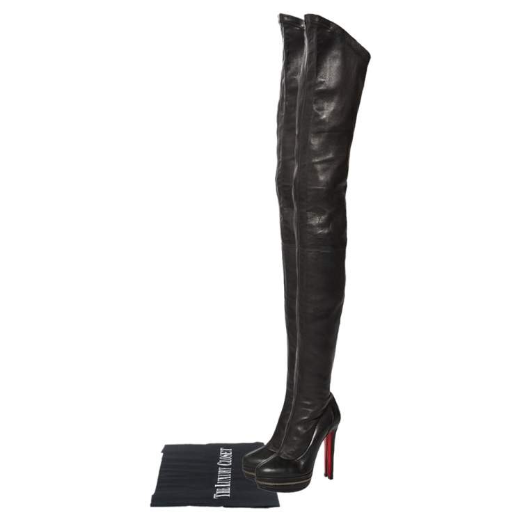 Pre Owned Christian Louboutin Black Leather Over Knee Length Boots Size 36.5 