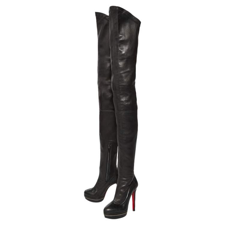 Pre Owned Christian Louboutin Black Leather Over Knee Length Boots Size 36.5 