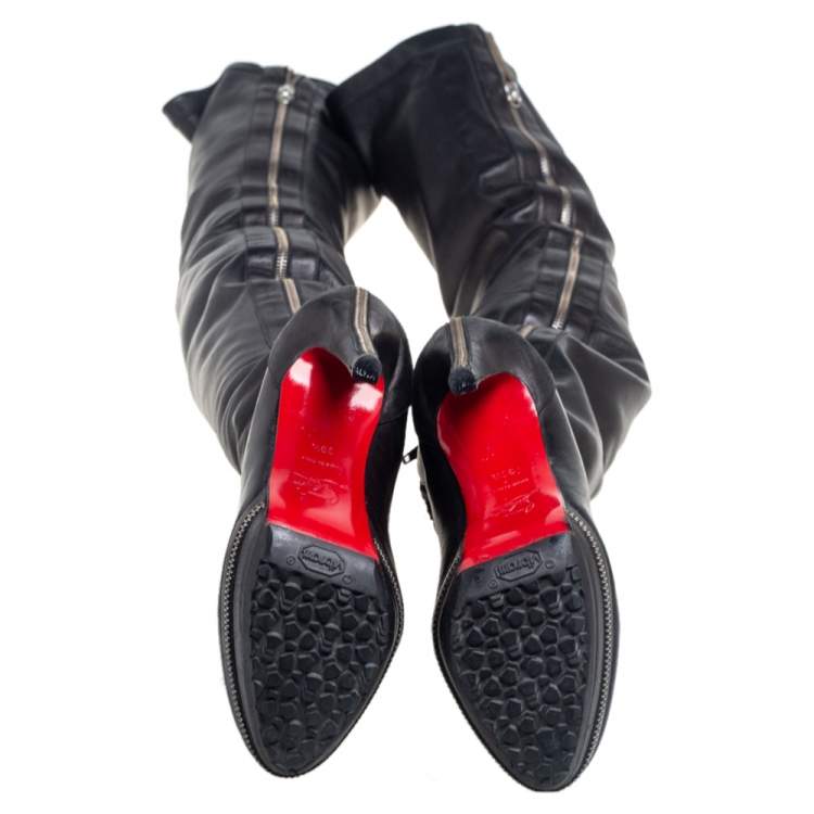 Pre Owned Christian Louboutin Black Leather Over Knee Length Boots Size 36.5 
