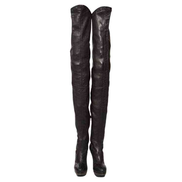 Pre Owned Christian Louboutin Black Leather Over Knee Length Boots Size 36.5 