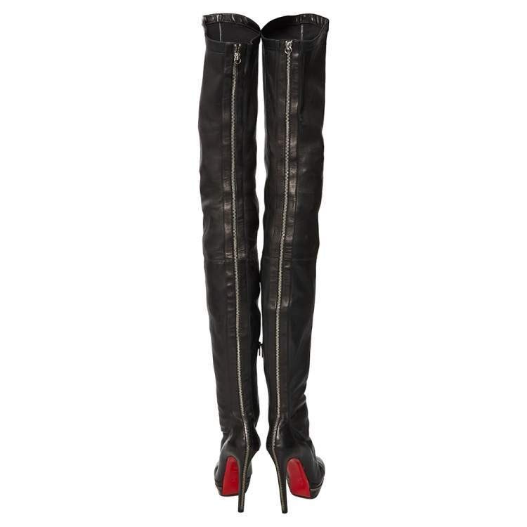 Pre Owned Christian Louboutin Black Leather Over Knee Length Boots Size 36.5 