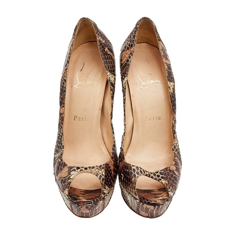 Pre Owned Christian Louboutin Brown Watersnake Patchwork Banana Peep Toe Platform Pumps Size 37.5