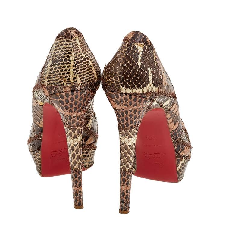 Pre Owned Christian Louboutin Brown Watersnake Patchwork Banana Peep Toe Platform Pumps Size 37.5