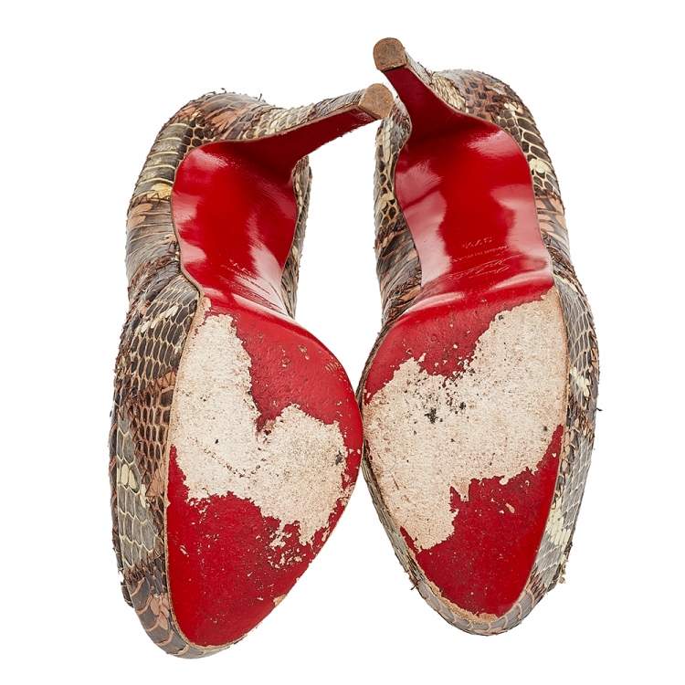 Pre Owned Christian Louboutin Brown Watersnake Patchwork Banana Peep Toe Platform Pumps Size 37.5
