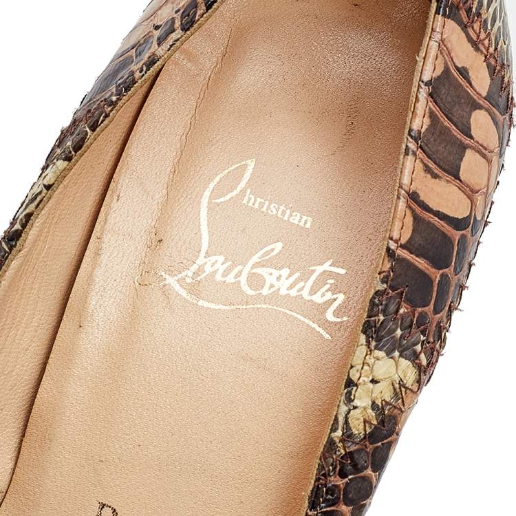 Pre Owned Christian Louboutin Brown Watersnake Patchwork Banana Peep Toe Platform Pumps Size 37.5