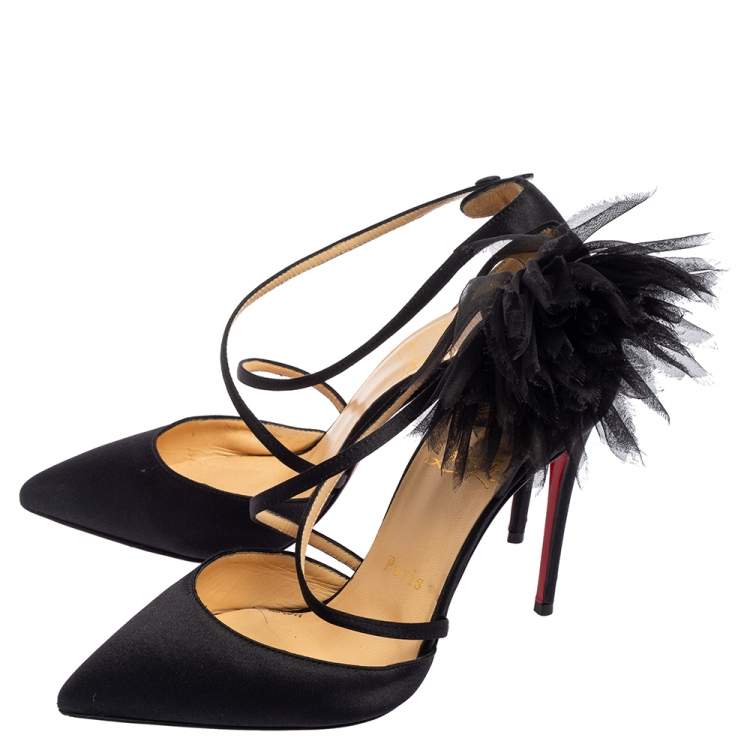 Pre Owned Christian Louboutin Black Satin Gela Davis Pointed-Toe Pumps Size 35.5
