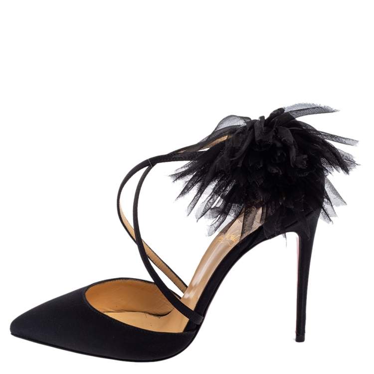 Pre Owned Christian Louboutin Black Satin Gela Davis Pointed-Toe Pumps Size 35.5