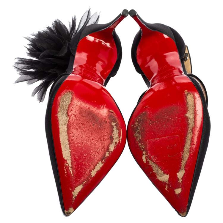 Pre Owned Christian Louboutin Black Satin Gela Davis Pointed-Toe Pumps Size 35.5