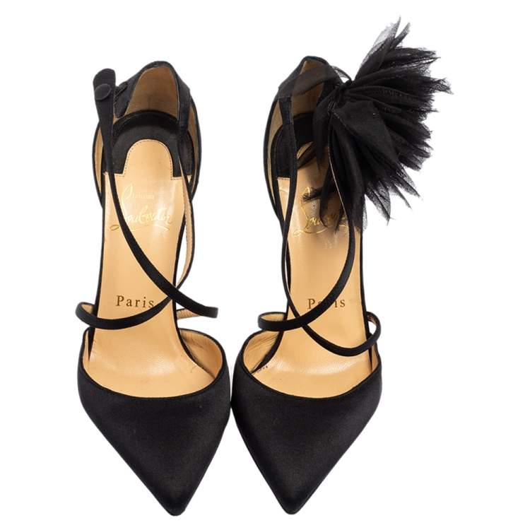 Pre Owned Christian Louboutin Black Satin Gela Davis Pointed-Toe Pumps Size 35.5