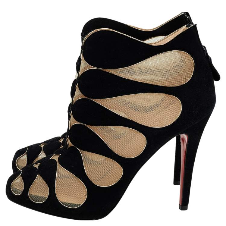 Pre Owned Christian Louboutin Black Suede And Mesh Circus Cutout Ankle Boots Size 37