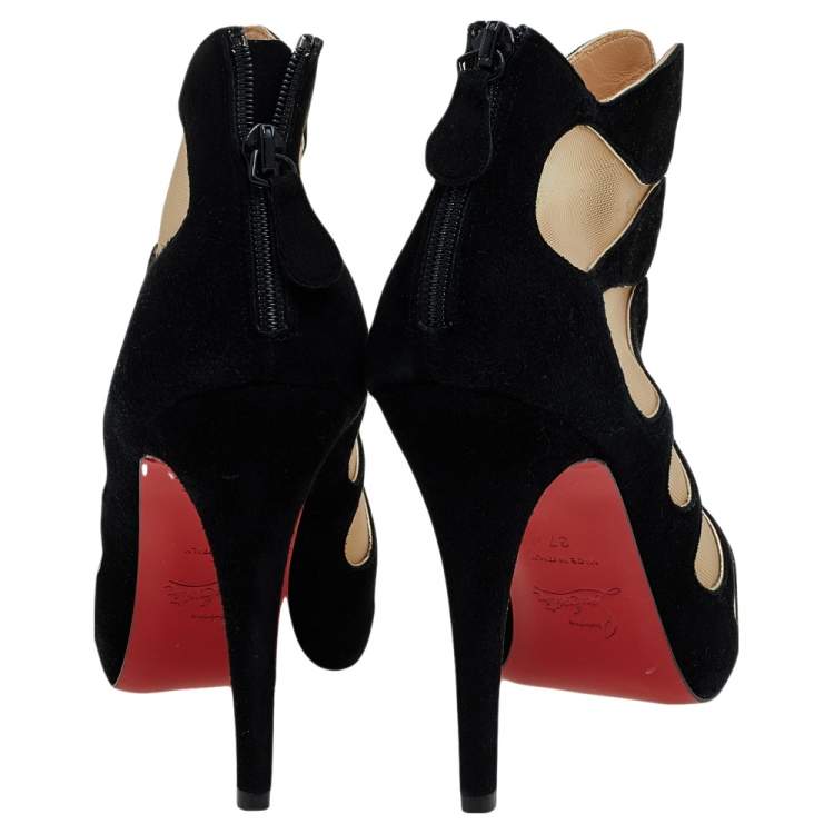 Pre Owned Christian Louboutin Black Suede And Mesh Circus Cutout Ankle Boots Size 37