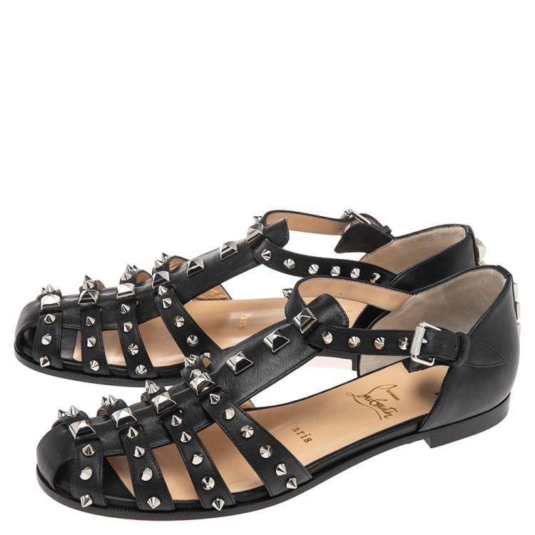 Pre Owned Christian Louboutin Black Leather Studded LoubiClou Sandals Size 40
