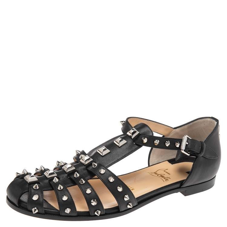 Christian Louboutin Black Leather Studded LoubiClou Sandals Size