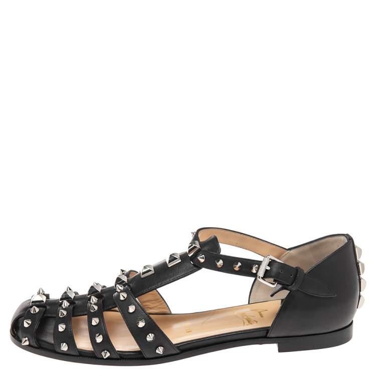 Pre Owned Christian Louboutin Black Leather Studded LoubiClou Sandals Size 40