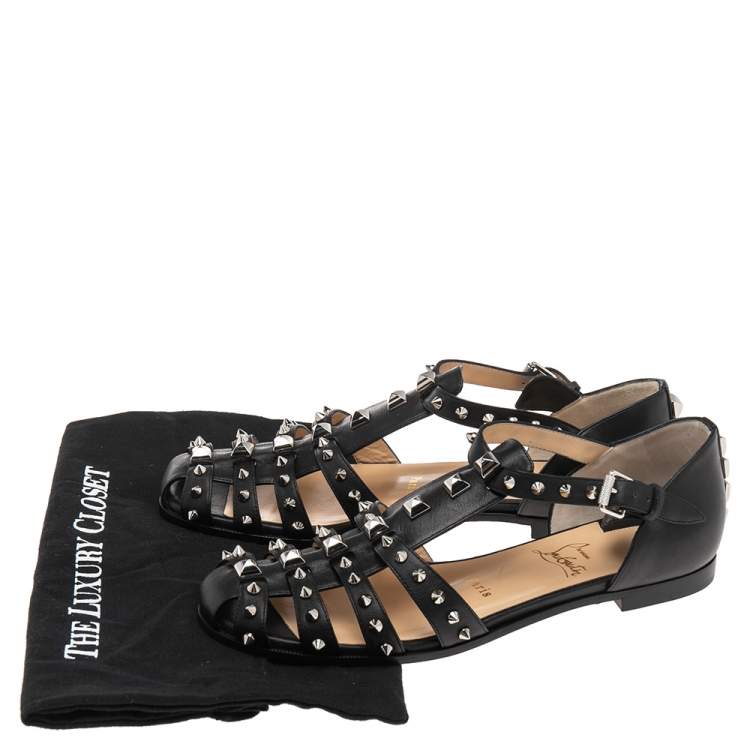 Pre Owned Christian Louboutin Black Leather Studded LoubiClou Sandals Size 40