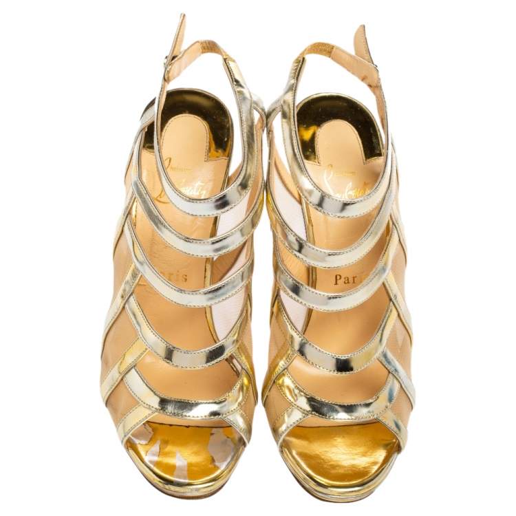 Pre Owned Christian Louboutin Metallic Gold Mesh And Leather Nicole Caged Sandals Size 38.5