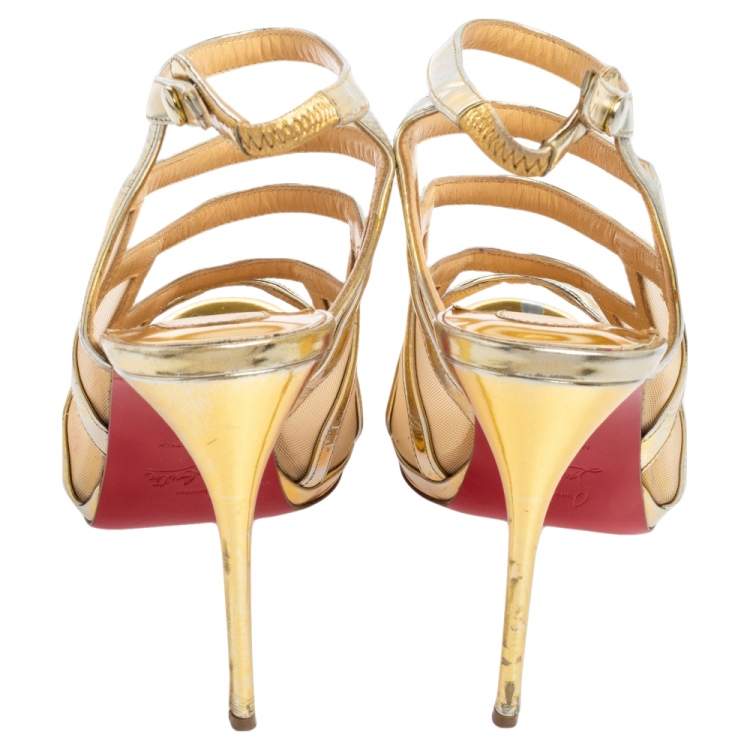 Pre Owned Christian Louboutin Metallic Gold Mesh And Leather Nicole Caged Sandals Size 38.5