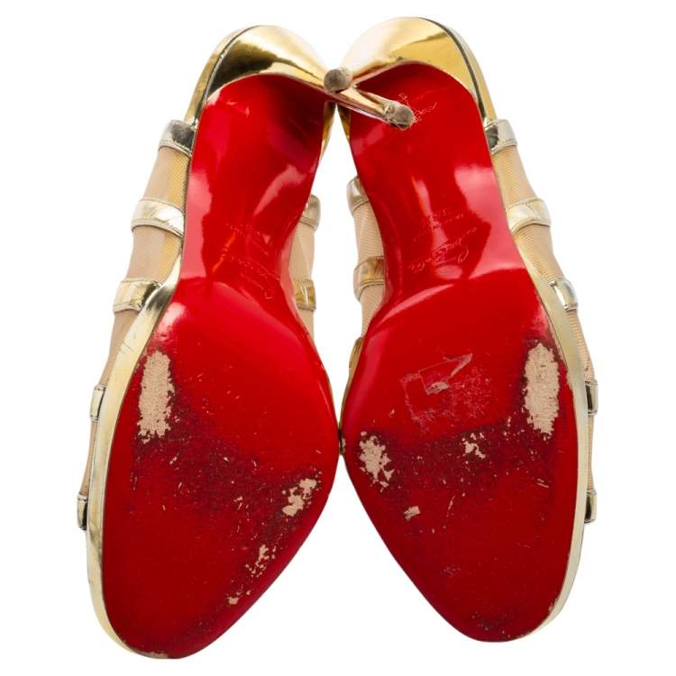Pre Owned Christian Louboutin Metallic Gold Mesh And Leather Nicole Caged Sandals Size 38.5